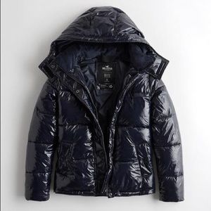 Hollister Navy Wet Look Puffer Jacket
